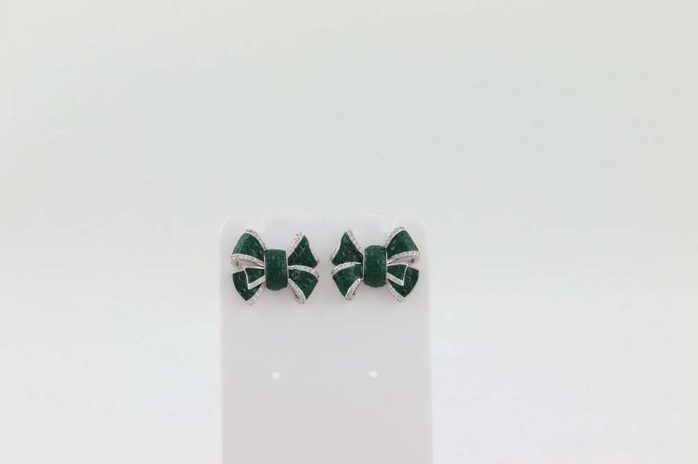 Sterling Silver Green & White Cubic Zirconia Bow Earrings 5/8" x 7/8" inch - Picture 8 of 8